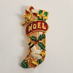 Vintage Christmas Noel Stocking Brooch Rhinestone Holiday Pin